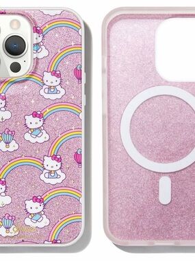Hello Kitty Pink Glitter MagSafe iPhone 15 ProMax Case with Rainbow Motif